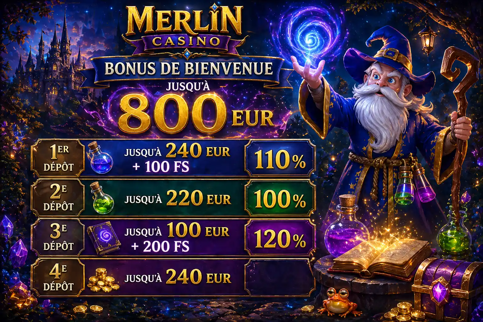 Bonus magique Merlin Casino sur les quatre dépôts